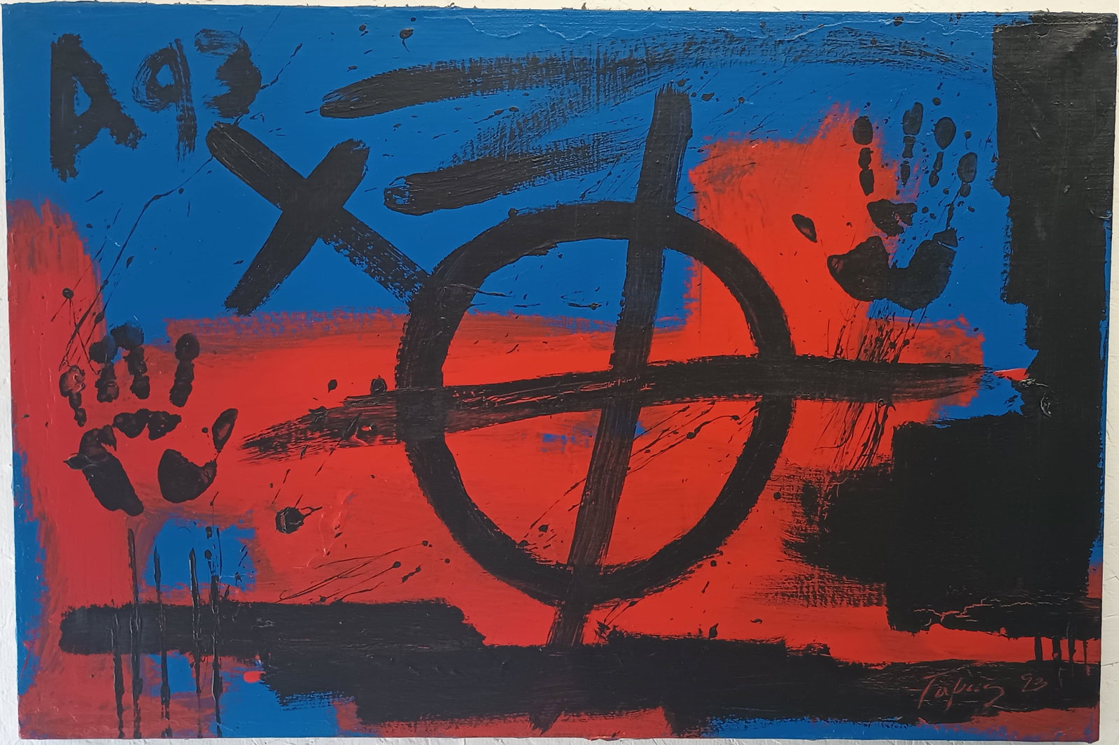 Signed Tapies 1993 Vintage Abstract Painting Canvas: Signed Tapies 1993 Vintage Abstract Painting Canvas, Modern Art. Approx Canvas Size: 36 x 24 inches.SEE Photos as part of the description. Sold in the style of, After. Good vintage condition . We pack