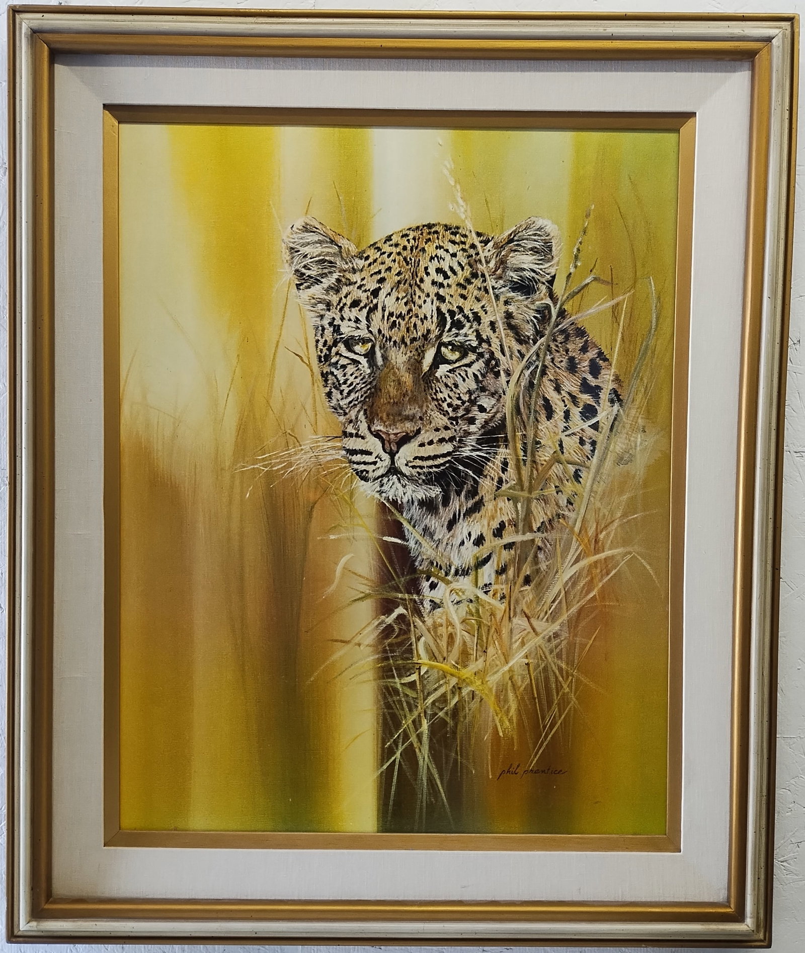 VINTAGE PHIL PRENTICE "LEOPARD" ART PRINT ON BOARD: VINTAGE PHIL PRENTICE "LEOPARD" ART PRINT ON BOARD.Good Condition see photo. Approx: Window Measurements: 23 x 29 inches. Approx Frame Measurements: 29 1/2 x 35 1/2 x 2 inches. We pack & Ship for you.