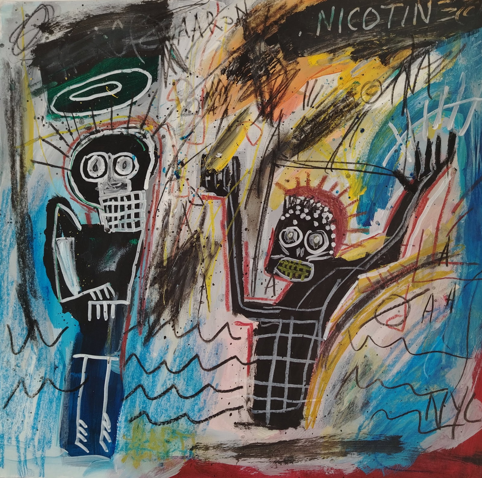 Jean Michel Basquiat New York Souvenir Painting on Cardboard: Jean Michel Basquiat New York Souvenir Painting on Cardboard Size:12 x 12 Inches. Mixed Medium Hand Drawing on Cardboard. Stamped on Reverse Provenance: W.N York consignor Private collection. it is be