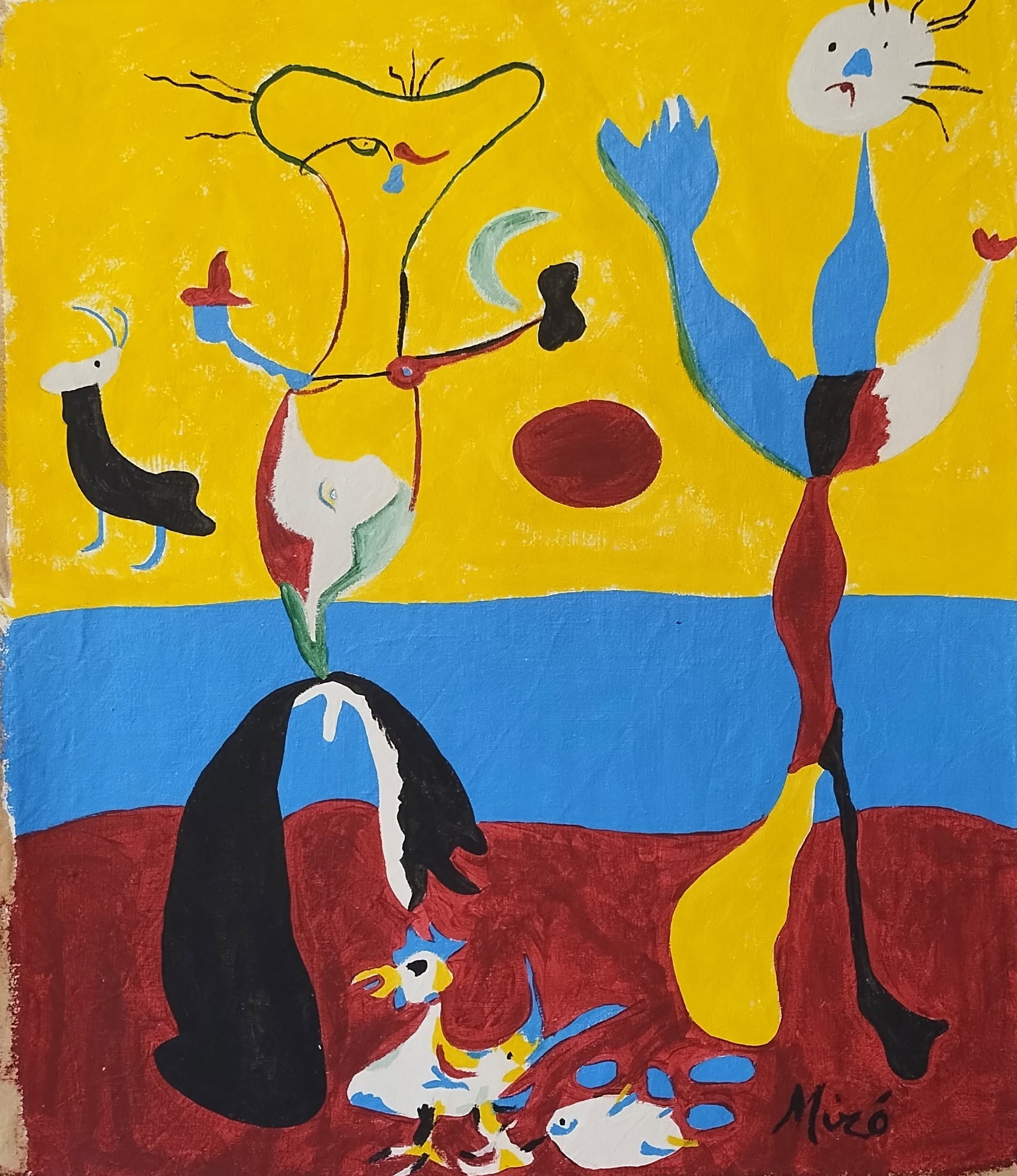 Signed Miro MidCentury Modern Painting on Canvas: Signed Miro Mid Century Modern Painting on Canvas.Artwork Dimensions:Canvas Size: 24 x 18 inches. This is hand painted and shows sign of wear from age.But overall condition is good.SEE Photos.Acquired