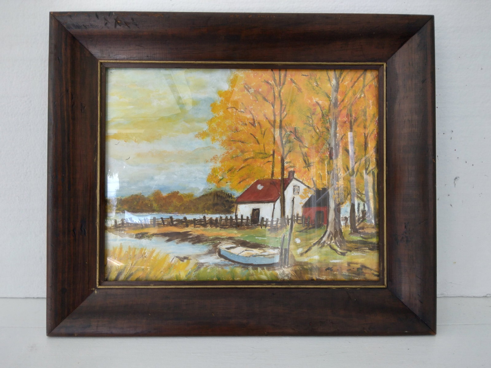 Watercolor Gouache La Campagne Painting Framed by Christiane: Watercolor Gouache La Campagne Painting Framed by Christiane Window Size: 11 x 14 inches. Frame Size: 18 x 15 x 2 inches. Wood Frame - Frame has scratches and marks due to storage. Good vintage condit