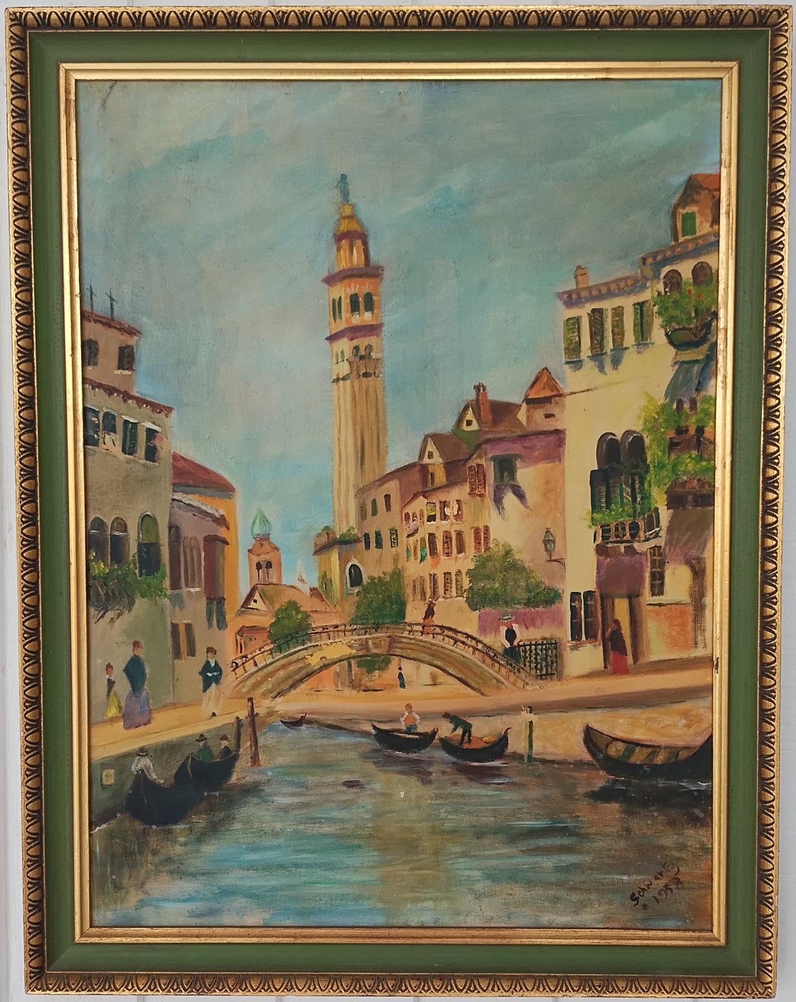 1958 Schwartz Signed Italia Impressionist Venice Gondola Cityscape Oil Painting: 1958 Schwartz Signed Italia Impressionist Venice Gondola Cityscape Oil Painting.Approx Painting Size: 18 x 24 - Approx Frame Size:21 x 27 x 2 inches.Good vintage condition. See photos as part of the d
