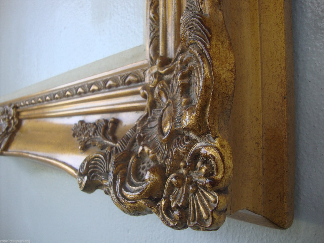 Wood Frame Ornate Antique Gold 36" x 48" Molding Wide: 6": Wood Frame Ornate Antique Gold 36" x 48" Molding Wide: 6". Solid Wood - Antique-Gold Window Size:36" x 48"Molding Wide: 4.72" x Thick: 2.95"Overall: 59' 1/2 x 47" 1/2.Condition: see photo.Frame may ha