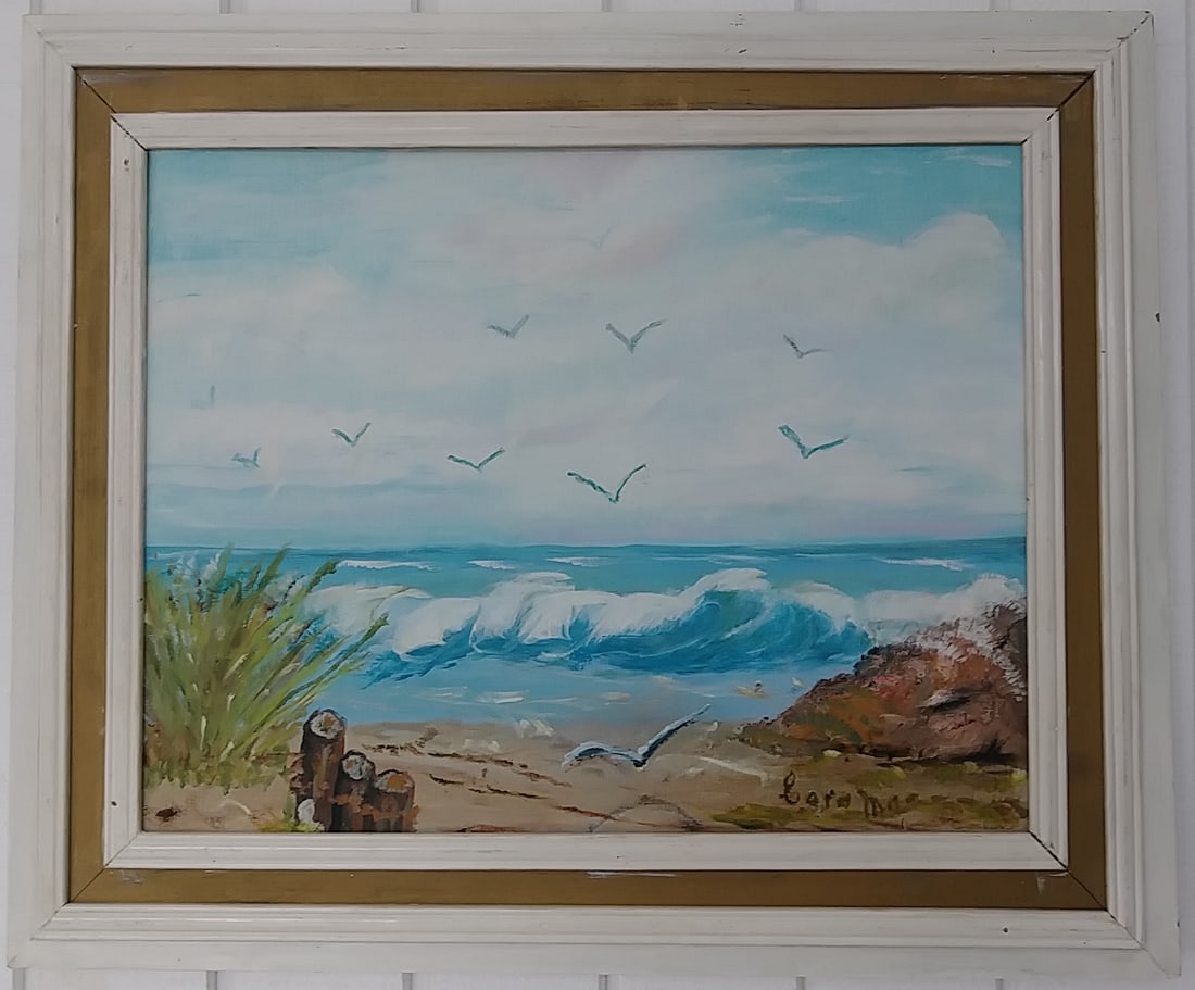Long Beach Plain Air Oil Painting on Canvas Board Frame: Long Beach Plain Air Signed Oil Painting on Canvas Board Framed- Canvas Size: 20 x 16 Inches. Frame Size: 23 x 19 x 2 inches. Wood Frame - Frame and painting has scratches and marks due to storage. Go