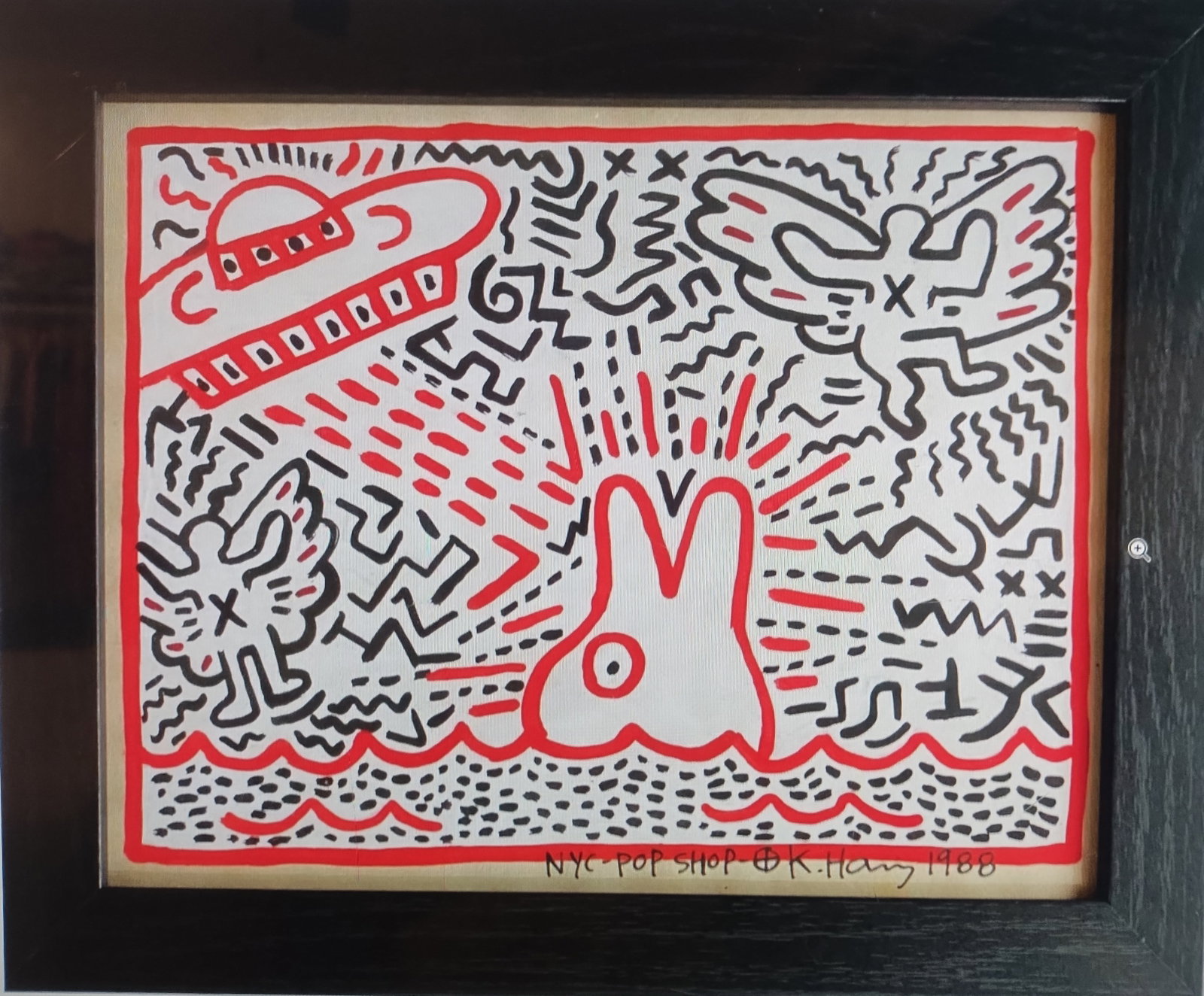 Keith Haring 88 NYC Pop Shop Drawing on Paper Stamped On Reverse: Keith Haring 88 NYC Pop Shop Drawing on Paper Stamped On Reverse. Approximately 8 x 10 inches. Frame measures 10 x 12 inches. The drawing has minor wear from time but over all condition is good.Drawin