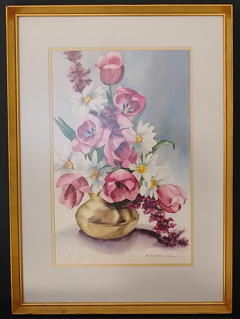 C. Gustafson Gibson 68' Flower Watercolor Painting.: C. Gustafson Gibson 68' Flower Watercolor Painting. Baltimore Artist. Measures approx: Window: 13 x 21 Inches. --- Frame: 21 x 29 x 2 Inches. Good condition. See photos. All items can have scratches, 