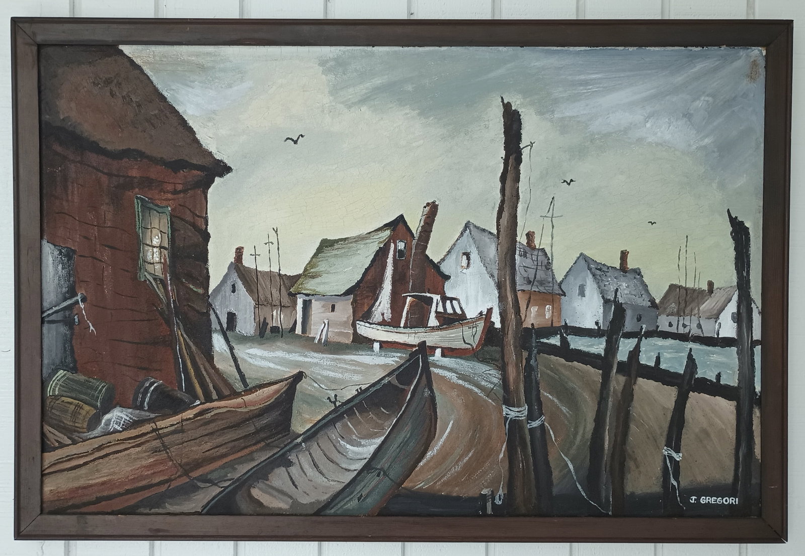 G. Gregory Oil Painting on Thick Cardboard Framed: G. Gregory Oil Painting on Thick Cardboard Framed Framed. Approx Painting Size: 30 x 20 - Approx Frame Size: 31 x 21 x 2 .Inches.J. Gregory Vintage Regionalism Oil Painting onthick cardboard Fisherman