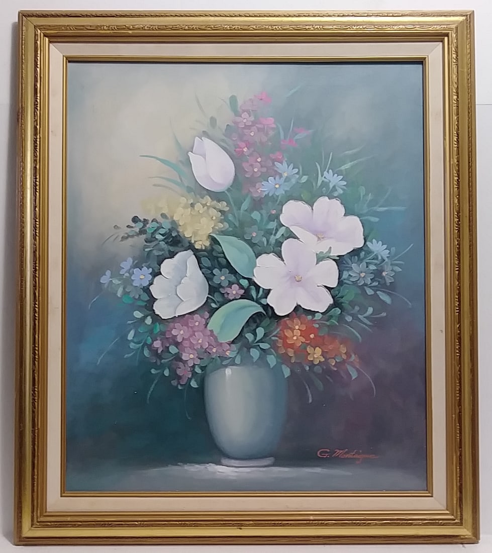 G. Montaigne Oil Painting Still Life Flowers: G. Montaigne Oil Painting Still Life Flowers. Approx Painting Size: 18 x 24 inches - Approx Painting Size: 25 x 29 x 1 1/2 inches. Good condition , See photos.
