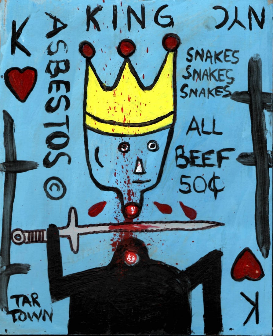Jean Michel Basquiat Painting on Cardboard (SAMO NYC ASBESTOS).: Jean Michel Basquiat Painting on Cardboard (SAMO NYC ASBESTOS). Size:7 1/4 x 9 Inches. mixed Medium Hand Drawing on Cardboard. Stamped on Reverse Provenance: W.N York consignor Private collection. it 