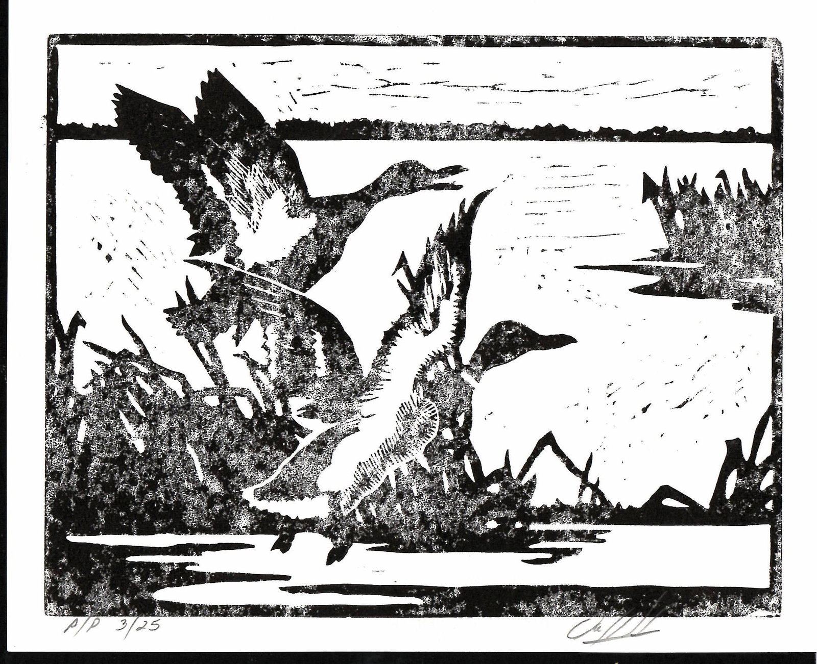 Signed Lino Cut Ink on Paper Painting.: Signed Lino Cut A/P Ink on Paper Painting. Size: 10 X 8 Inches. Embossed Stamp. Paper may have stains, torn corners, It may also have wrinkles. Good condition. See photos as part of the description. W