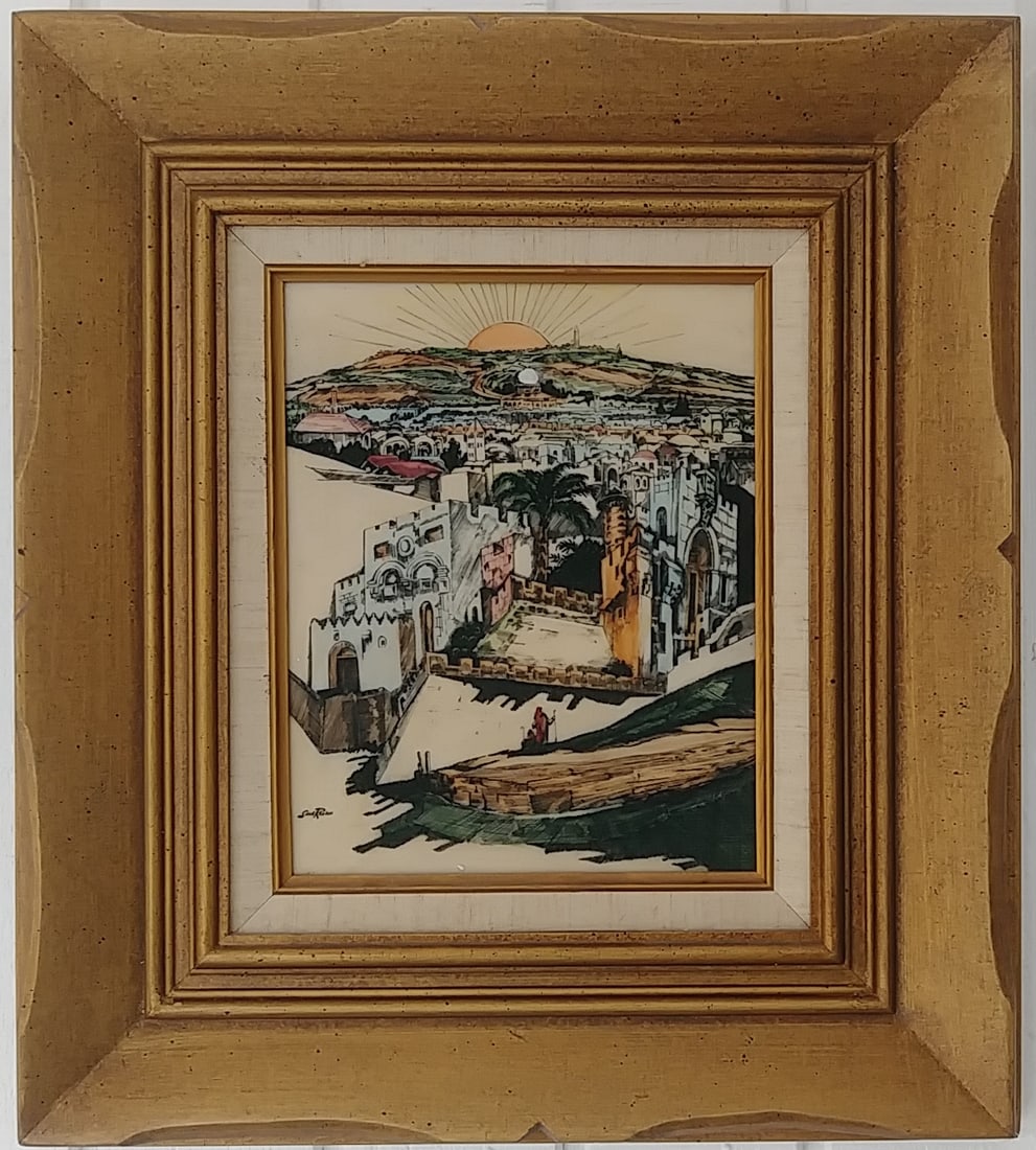 Vintage Framed Etching Enamel Painting S Raskin Plaque: Vintage Framed Etching Enamel Painting S Raskin Plaque .Approximate Window: Size: 8 x 10 Inches. Approximate Frame Size: 16 x 18 x 2 Inches. The frame can have scratches and marks due to storage. Vint
