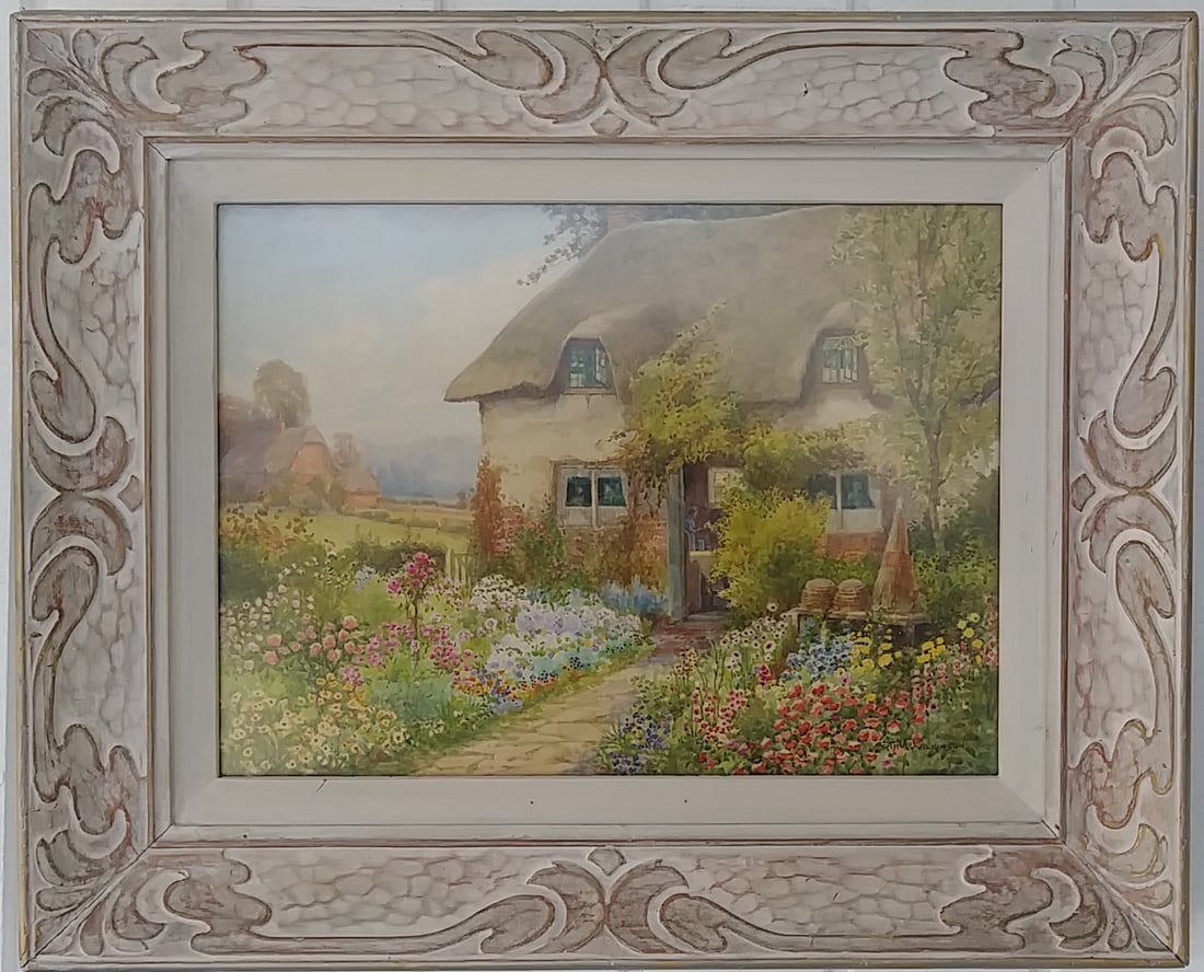 Arthur Stanley Wilkinson British 1860-1930 Watercolor Painting: Arthur Stanley Wilkinson British 1860-1930 Watercolor Painting - Cottage Garden. Approximate Window Size: 11 X 15 Inches: Approximate Frame Size: 18 X 22 x 2 Inches. Due to age, the paper may have sta
