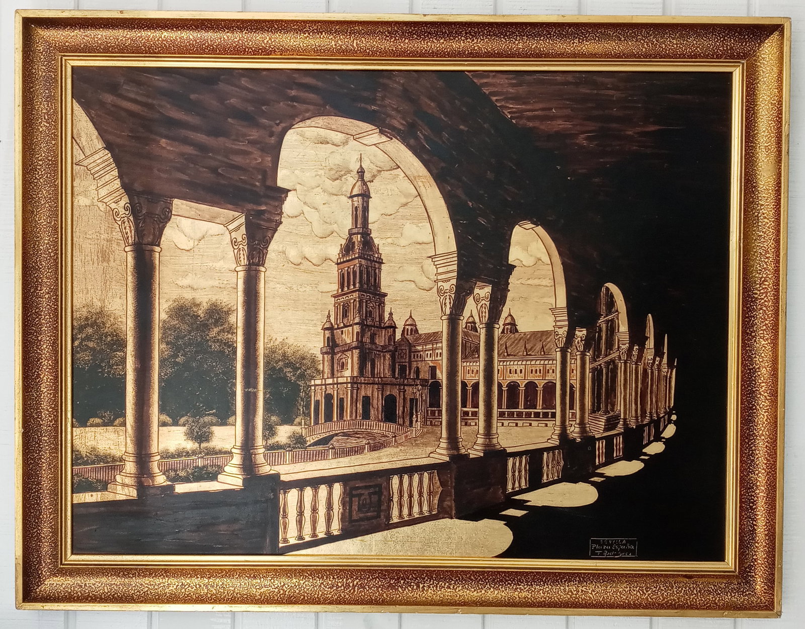 F. Rodriguez Painting on Masonite.: F. Rodriguez Painting on Masonite. Approx Massonite Measurements: 31 1/2 x 23 3/4 inches.. Approximate Frame Size:36 x 28 x 2 Inches. Some Scratch on frame.Vintage Condition -SEE PHOTOS for condition.