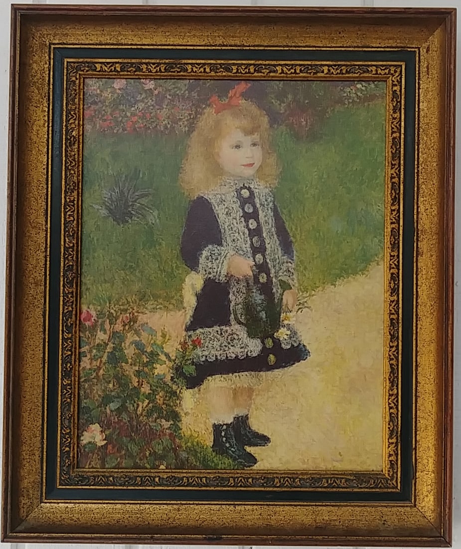 Renoir Print Paper on canvas Framed.: Renoir Print Paper on canvas Framed. Print Size: 11 x 14 inches. Frame Size: 18 x 15 x 2 inches.. Wood Frame - Frame has scratches and marks due to storage. Good vintage condition. See photos as part 