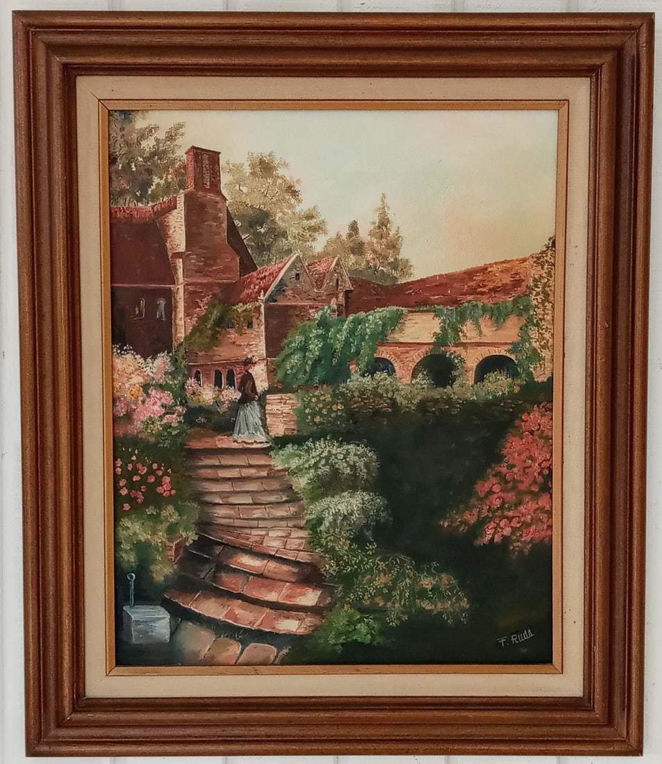 Signed F. Ruda Country Living Painting: Signed F. Ruda Country Living Painting. - Framed. Painting Size: 18 x 24 inches. Frame Size: 26 x 22 x 3 inches. SEE PHOTOS.Mixed Medium on Canvas. Wood Frame - Frame may have scratches and marks due 