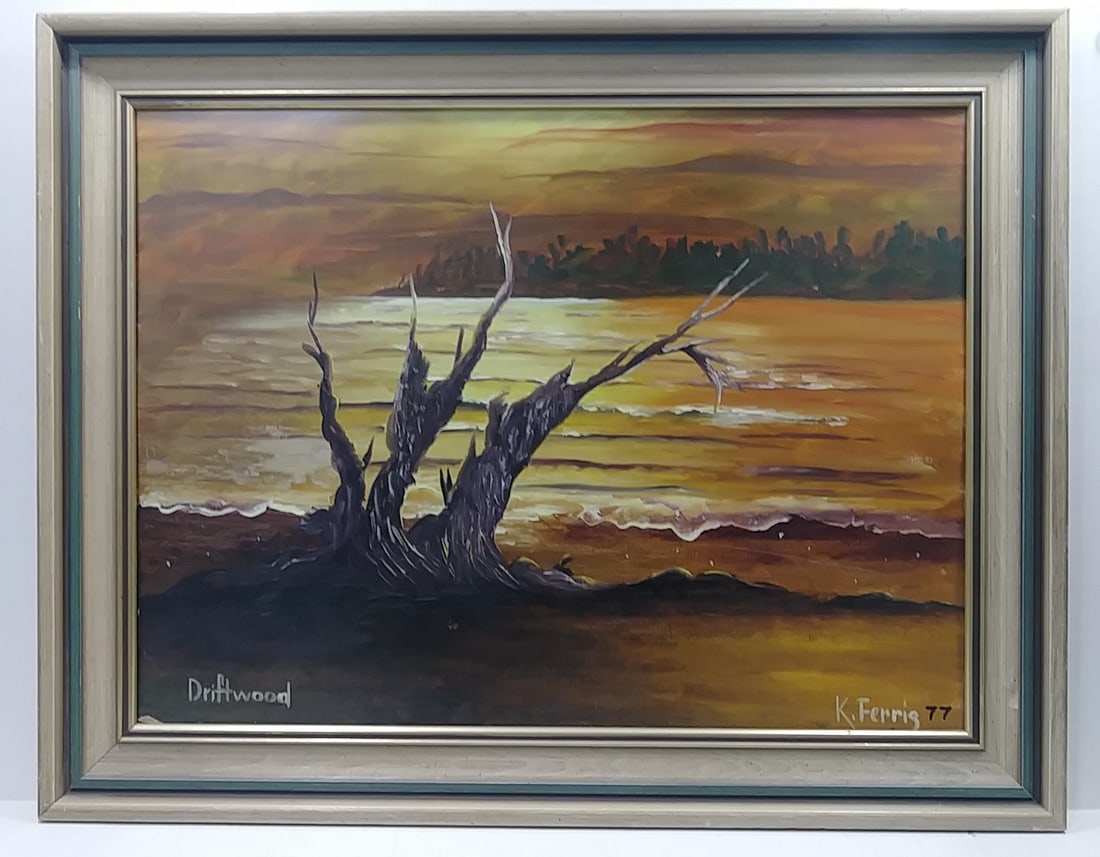 1977 Vintage Original K. Ferris Oil Painting.: 1977 Vintage Original K. Ferris Oil Painting. Title: Driftwood, Approx Painting Size: 20 x 24 - Approx Frame Size: 28 x 22 inches