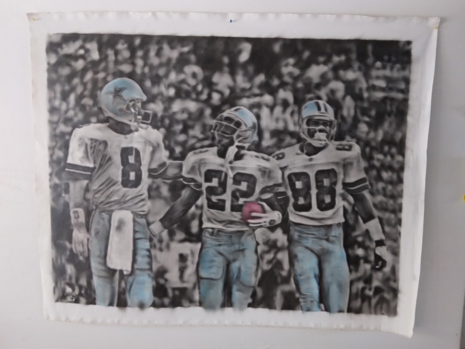 XL Huge Dallas Cowboy oil painting of Emmitt, Aikmen, and Irvin: Huge Dallas Cowboy oil painting of Emmitt, Aikmen, and IrvinMedium: oil on canvas. Size Approx : 67 1/2 x 54 inches. unstretched. Will be shipped rolled in tubes and ready to hang like wallpaper, be s
