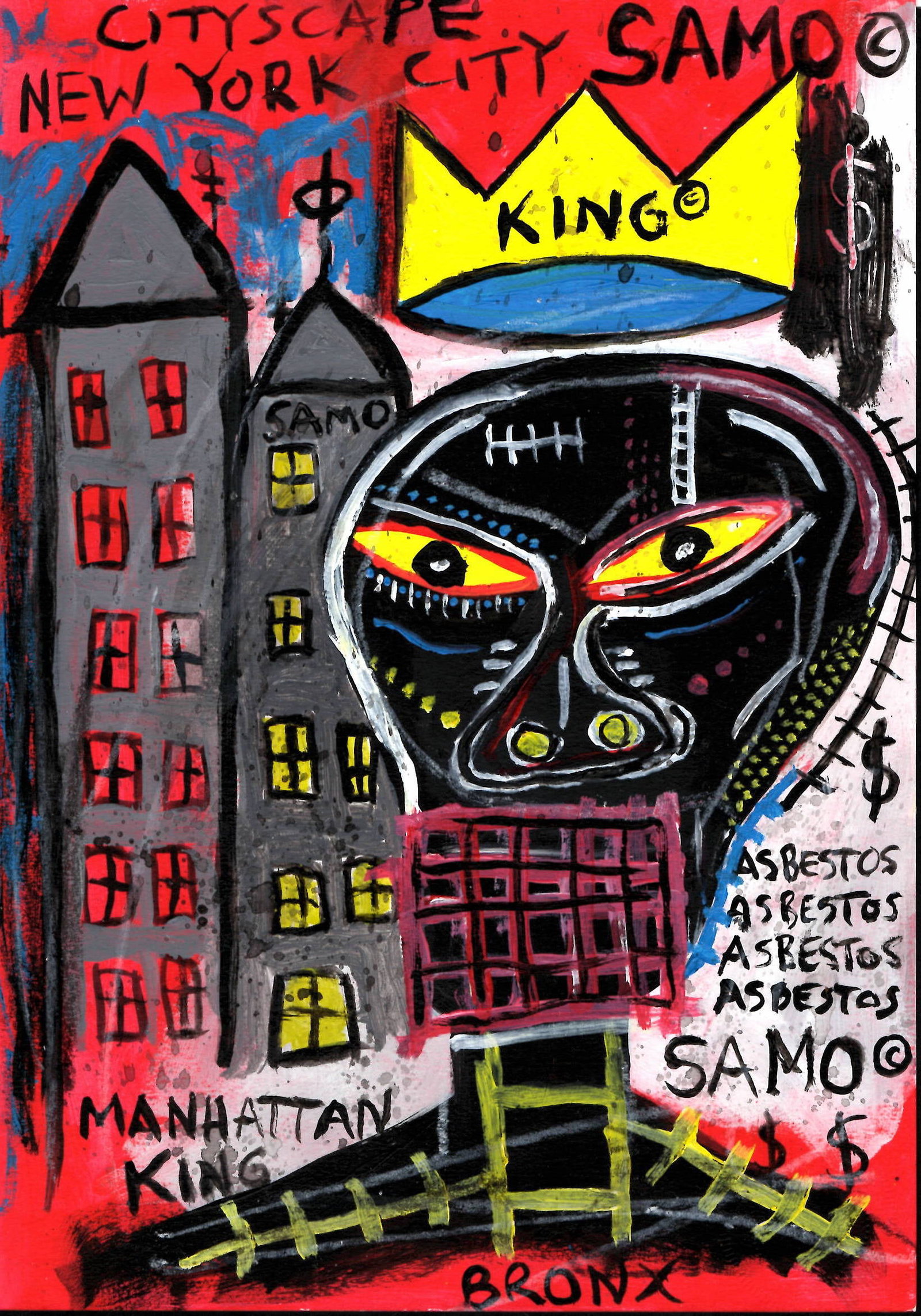 Jean Michel Basquiat NYC Souvenir Painting on Cardboard (NY SAMO MANHATTAN): Jean Michel Basquiat NYC SouvenirPainting on Cardboard (NY SAMO). Size: 11 1/2 x 8 1/4 Inches. Mixed Medium Hand Drawing on Cardboard. Sold as is.Good vintage condition. See photos as part of the desc