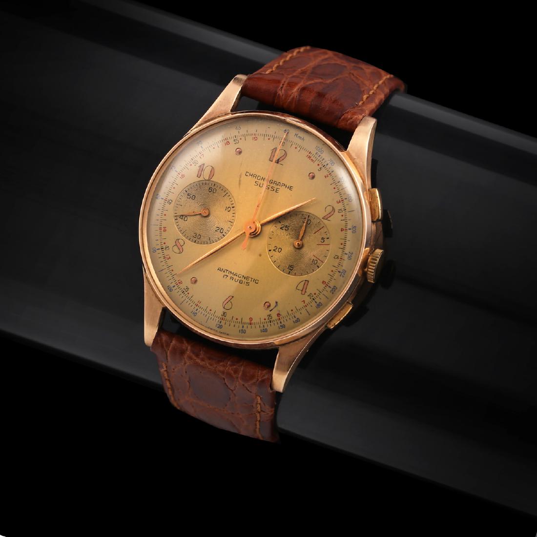 Cronographe Suisse: GentlemenÂ´s wristwatch. Manual winding. Case: 18k gold, bracelet: Leather, dial: plexiglass.Working but need service Diameter: 37mm18k Gold, Leather, Plexiglass