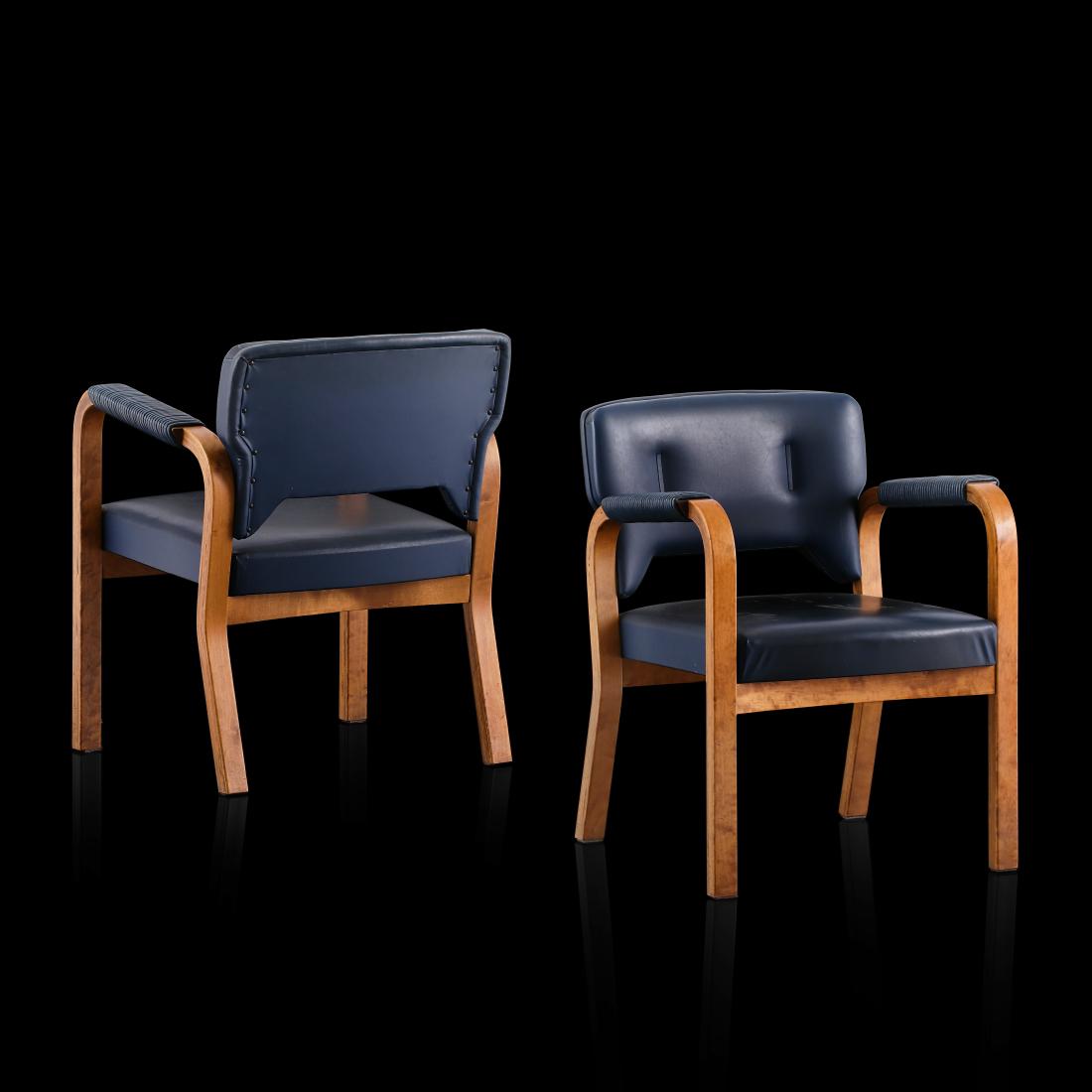 Maija Heikinheimo: A pair of rare blue version of the Artek Armchair designed by Maija Heikinheimo. Most likely custom order for Finnish customs. Awesome pieces! Height: 74cm Width: 56cm . Finnish customs stamp. Pohjass