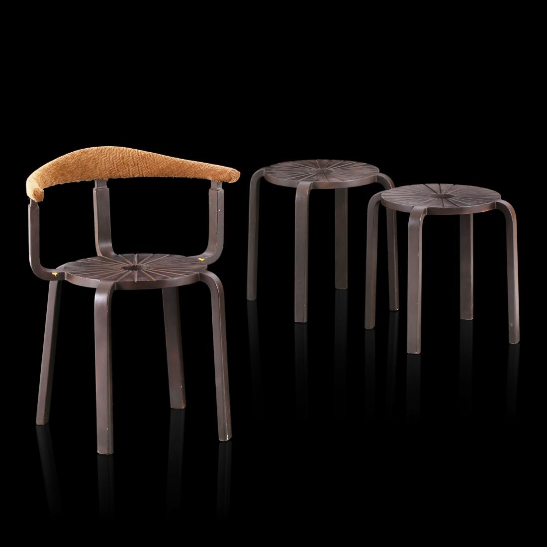 Aulis Leinonen: Rare chair and 2pcs stools â€pineappleâ€ designed by Aulis Leinonen.. Painted wood, Fabrich. Height: 69cm Stools : 44cm. .