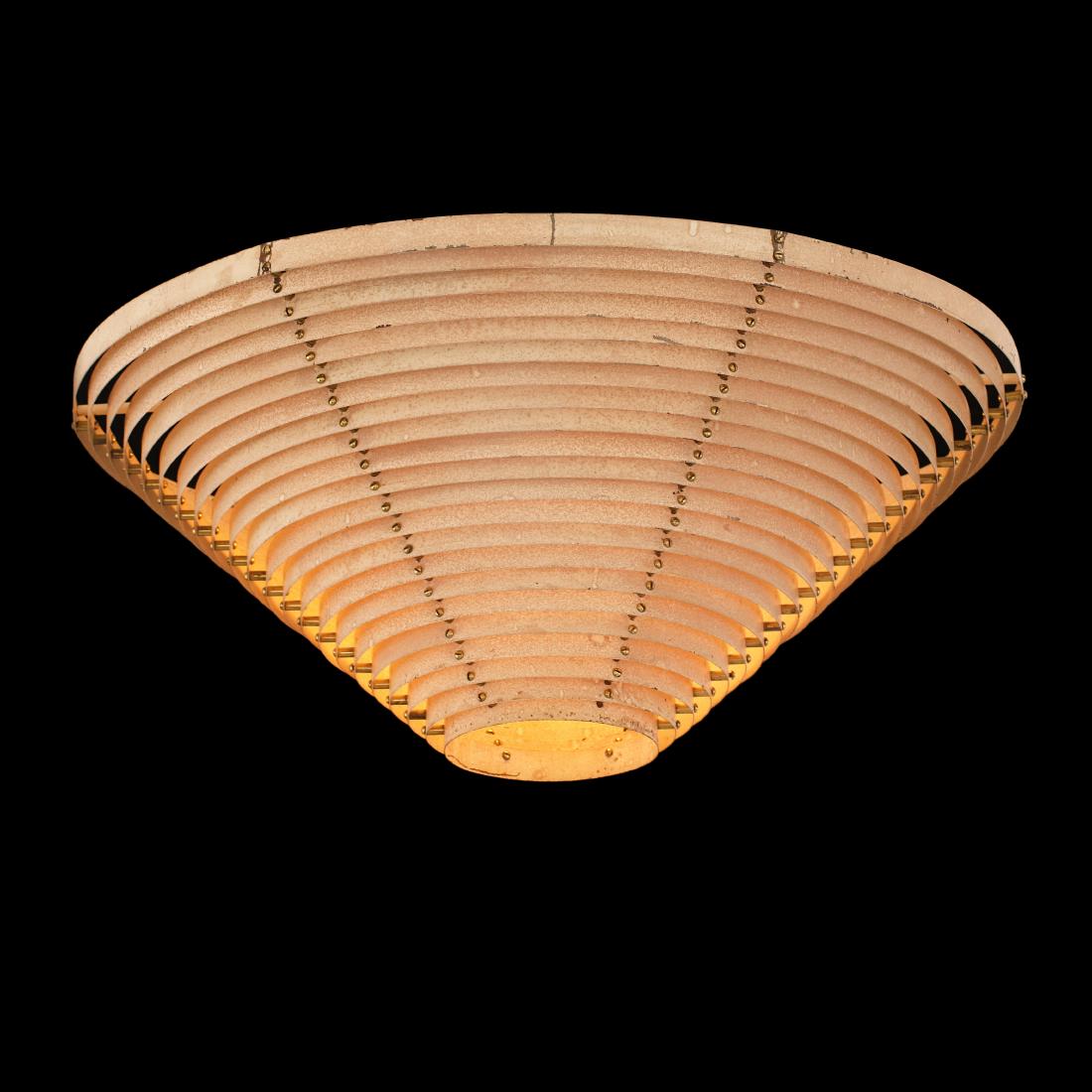 Alvar Aalto: Alvar Aalto's plafondier model a622a produced by ValaistustyÃ¶ Ky. Painted white spherical sheets of steel. Untouched patinated condition. Manufacturer's markings inside the fixture.