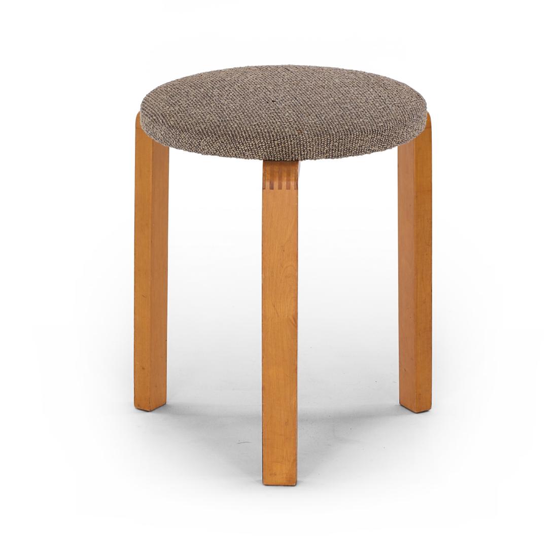 Alvar Aalto: Alvar Aalto's rare war-time version of the stool model 60 from circa mid 1940s. Designed in 1933.Â L-legs made with the war-time finger-joint construction. Traditional wool upholtery on the seat. Pr