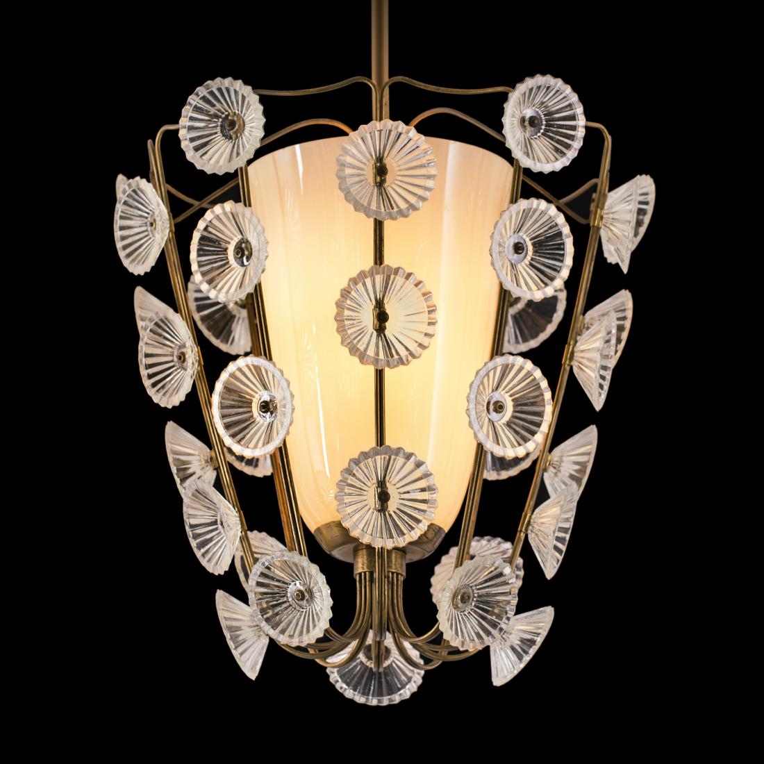 Lisa Johansson-Pape: Very beautiful ceiling light with glass flowers designed by Lisa Johansson-Pape for Orno. In the 40Â´s.. Glass, brass. Height: 80cm. Signed: -