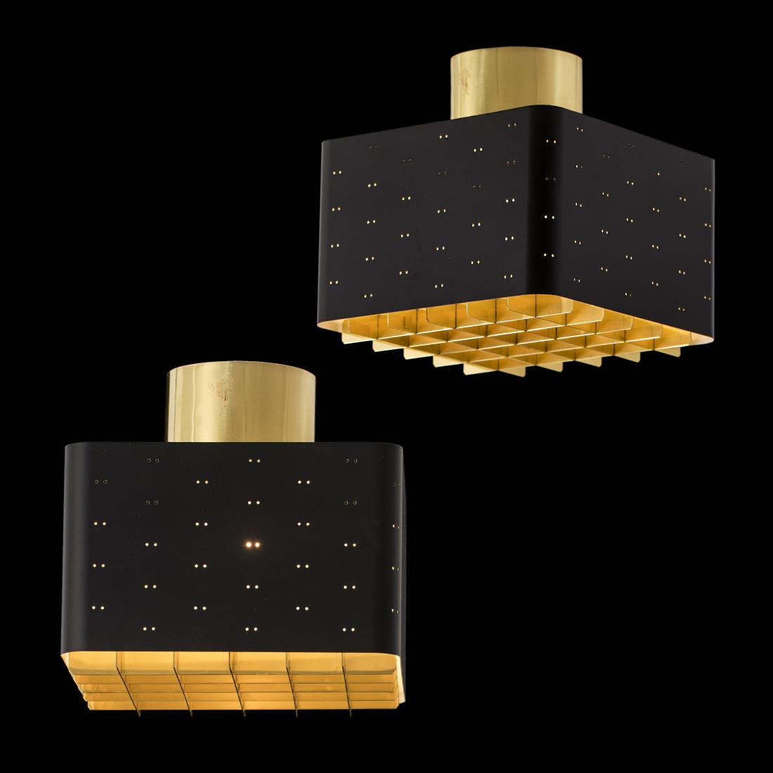 Paavo Tynell: A pair of ceiling lights model 9068 Star Sky designed by Paavo Tynell for Idman.. Brass , painted metal, glass. 24x24cm, height: 20cm. Signed: - Another signed Idman