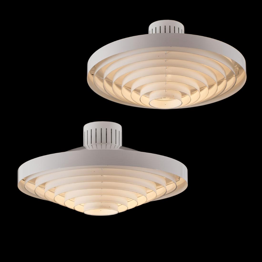 Lisa Johansson-Pape: A pair of designed by Lisa Johansson-Pape 70/80Â´s.. Painted metal. Shade diameter: 45cm Height: 25cm. Signed: - Orno