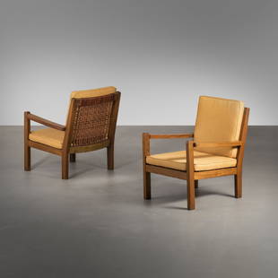 Hiort of OrnÃ¤s: A pair of armchairs, designed by Hiort of OrnÃ¤s, manufactured by Mikko Nupponen . Teak, leather, fabric. Height 83cm, width 66cm, depth 73cm