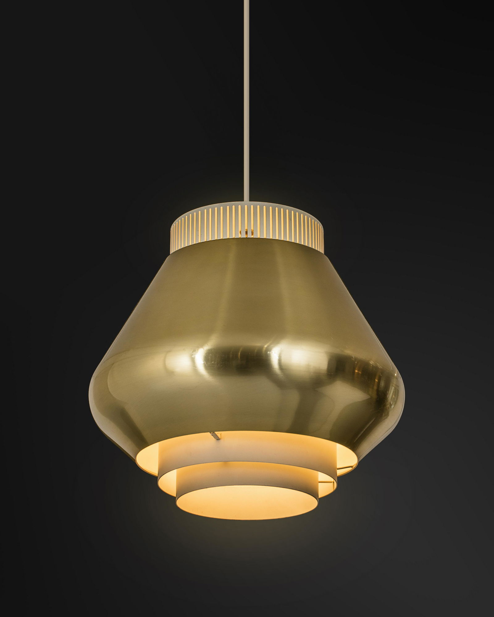 Jean-Jacques BaruÃ«l: A pendant ”Sonderborg” ceiling lamp, designed by Jean-Jacques BaruÃ«l for Lyfa in 1974 , Medium = Brass, painted metal, Height= 34cm, Stamped Lyfa