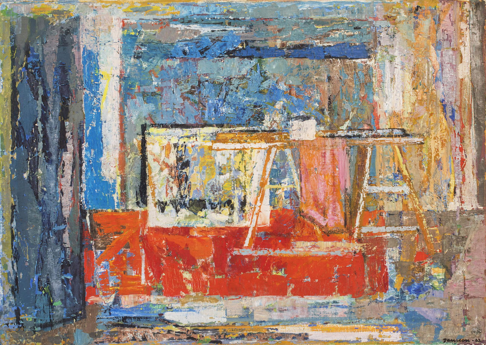 Tove Jansson: A colourful abstract vision of her workshop, painted by Tove Jansson in 1962, signed "Jansson 62". ReprÃ©sentation abstraite de son atelier, peint par Tove Jansson en 1962, signÃ© "Jansson 62". Oi