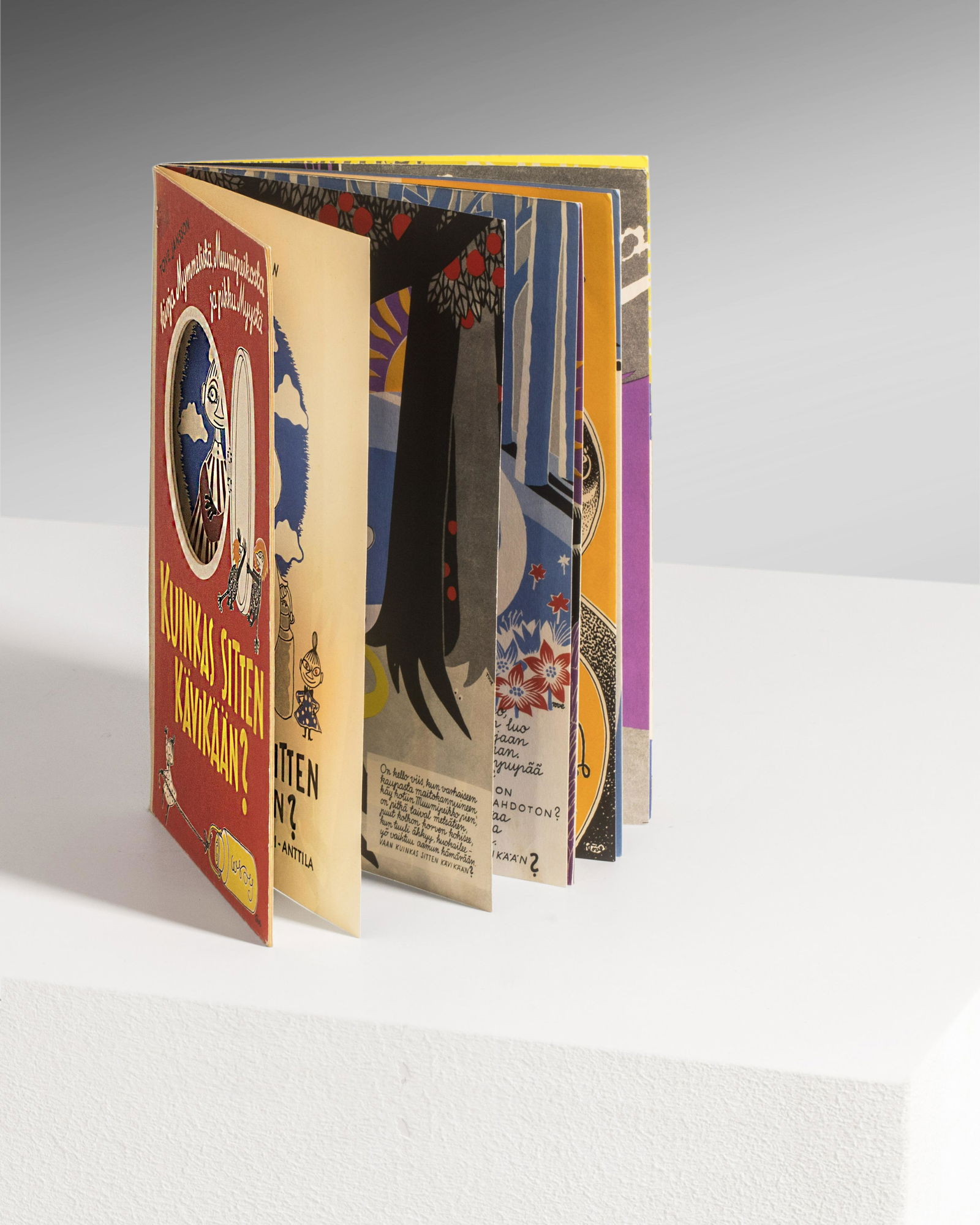 Tove Jansson: The first version of Muumi in Finnish, "Kuinkas Sitten KÃ¤vikÃ¤Ã¤n?" with the illustrations and texts by Tove Jansson, signed "tove" on some pages, 1952. PremiÃ¨re version traduites des aventu