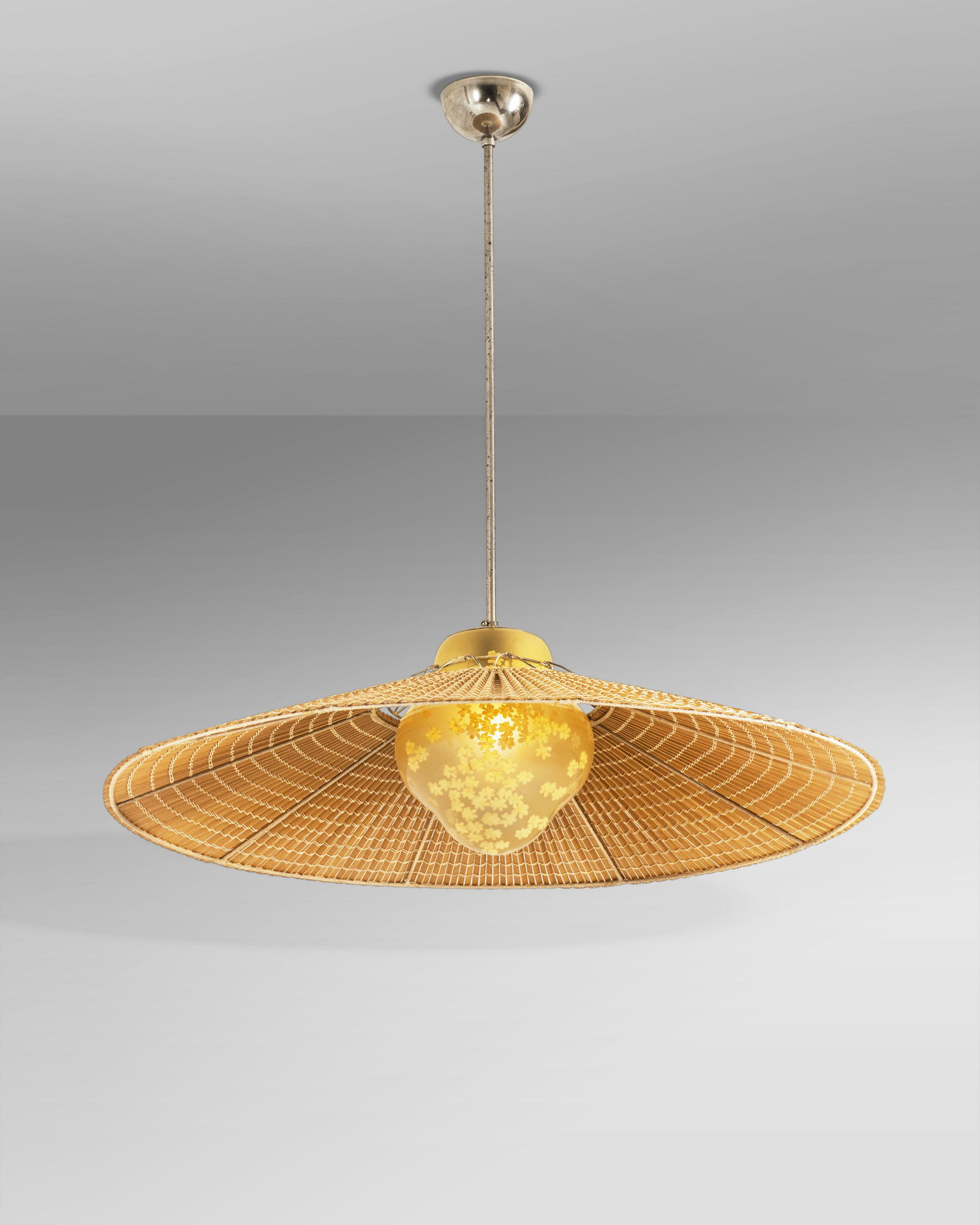 Gunilla Jung: A ceiling lamp with a big size wood stripes shade and a handpainted glass shade, designed by Gunilla Jung. Lustre avec un grand abat-jour en lamelles de bois, abat-jour infÃ©rieur en verre peint Ã�