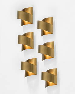 Peter Celsing: A set of 6 model "07950" wall sconces designed by Peter Celsing for Fagerhult, original stickers, Brass - Laiton, Height 20cm