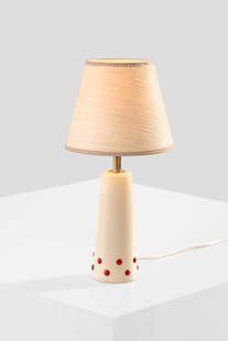 Lisa Johansson-Pape Attr.: Table lamp designed for Stockmann-Orno ( ORNO ) attributed to Lisa Johansson-Pape., Painted wood, brass, fabric, Height: 44cm, shade diam: 18cm