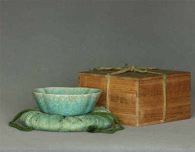 A LongQuan-Kiln Bowl Southern Song Dynasty.: A LongQuan-Kiln Bowl Southern Song Dynasty. With box and storage bag. Bowl Measure(inch), Height: 2-1/4 , Diameter: 6.