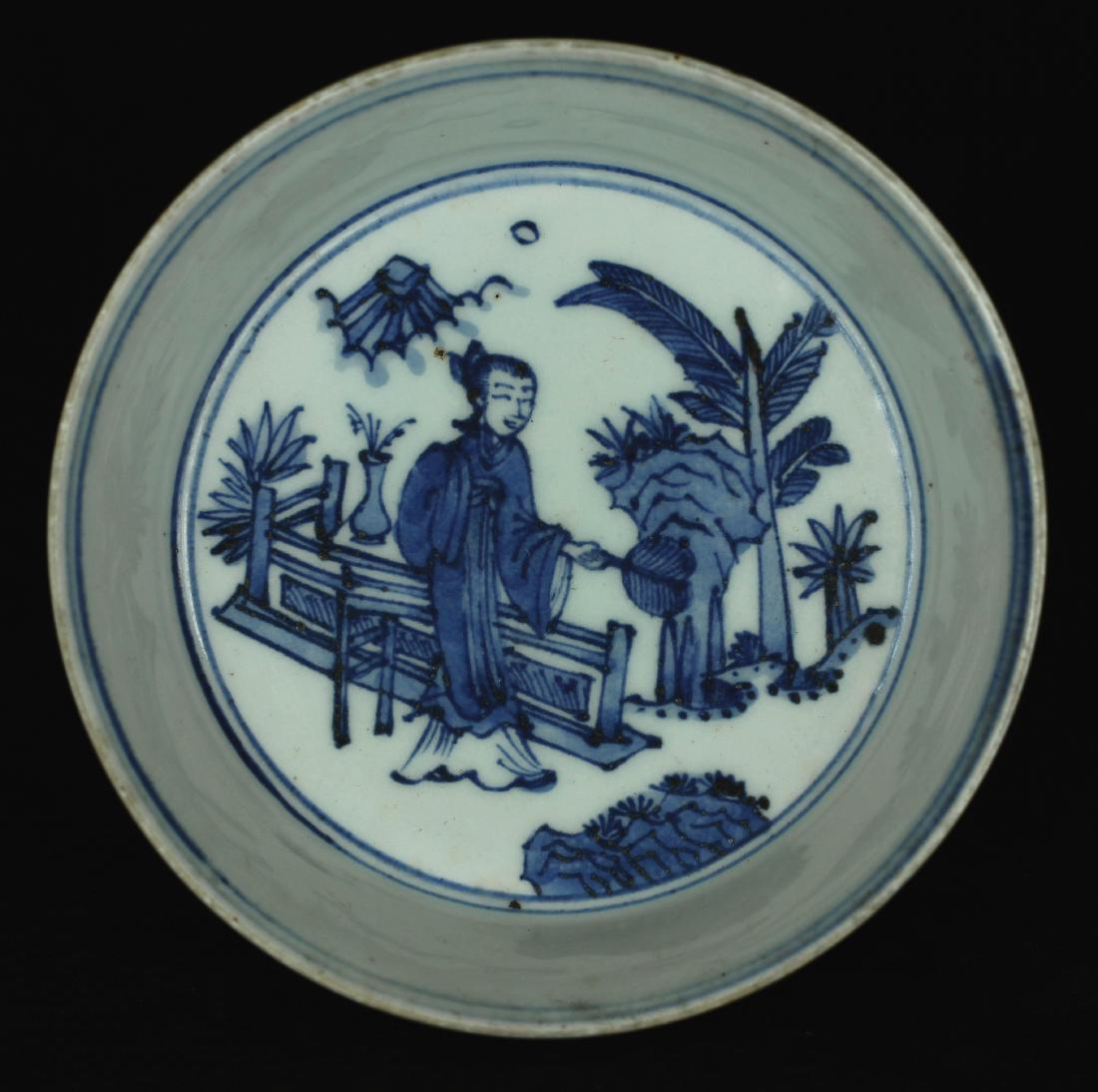 Blue and white porcelain plate of Ming Dynasty JiaJing: Blue and white porcelain plate of Ming Dynasty JiaJing mark. Measure(inch), Height: 1-3/8, Diameter: 5 . Provide by estate agent in California.