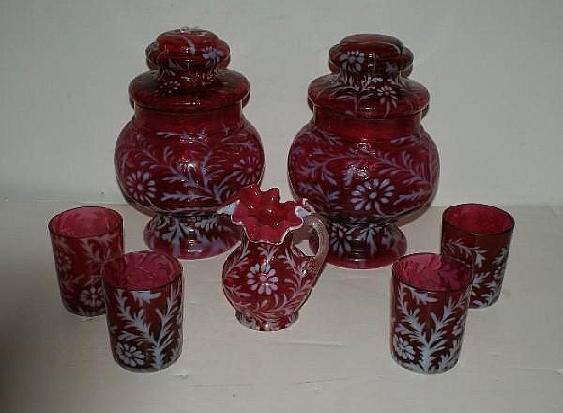 Seven pieces of cranberry glass, including 2 covered (1 of 4)