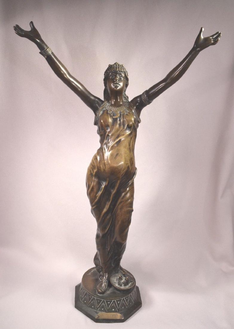 Salambo Orientalist Female Bronze Sculpture Signed J.: Salambo Orientalist Female Bronze Sculpture Signed J. Garnier (1853-1910 French). Beautiful antique female figure with her arms outstretched atop an integral octagonal base incised signature to base: