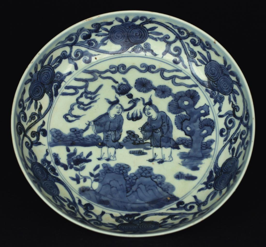 Blue and white porcelain plate of Ming Dynasty.: Blue and white porcelain plate of Ming Dynasty. Measure(inch), Height: 1-3/4, Diameter: 8-3/4 . Provide by estate agent in California.