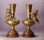 Pair Antique Cherub Bronze Marble Vases Aug. Moreau