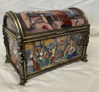 IMPORTANT VIENNESE SILVER & ENAMEL HISTORISMUS BOX: This is a very fine and rare circa 1870s gilt silver and hand painting in enamel table box in museum quality and excellent condition by Hermann Ratzersdorfer a well know listed artist 1845-1894. Stamp