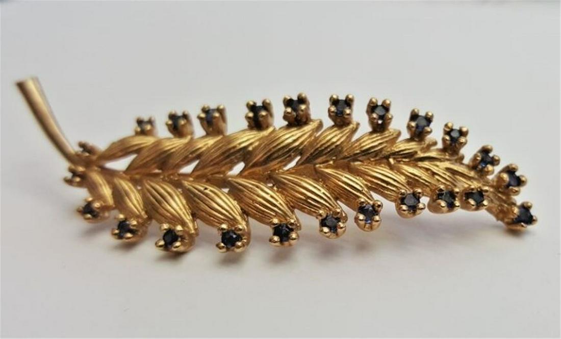 14K Yellow Gold & Sapphire Leaf Brooch MAGNIFICENT (1 of 6)