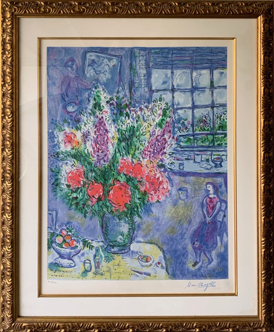 Marc Chagall (After) - Bouquet in Blue: ARTIST: Marc Chagall (After) TITLE: Bouquet in Blue MEDIUM: Lithograph FRAME SIZE: 41 x 32.25 in EDITION SIZE: 950 DESCRIPTION: Limited edition lithograph print after Marc Chagall. A lovely decorative