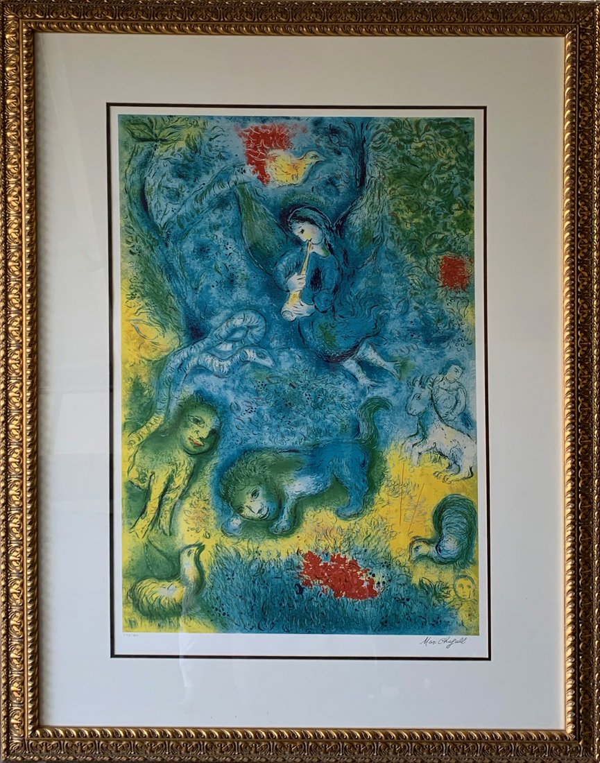 Marc Chagall (After) - Magic Flute: ARTIST: Marc Chagall (After) TITLE: Magic Flute MEDIUM: Lithograph FRAME SIZE: 61 x 45 in DESCRIPTION: Limited edition lithograph print after Marc Chagall. A lovely decorative print with a limited edi