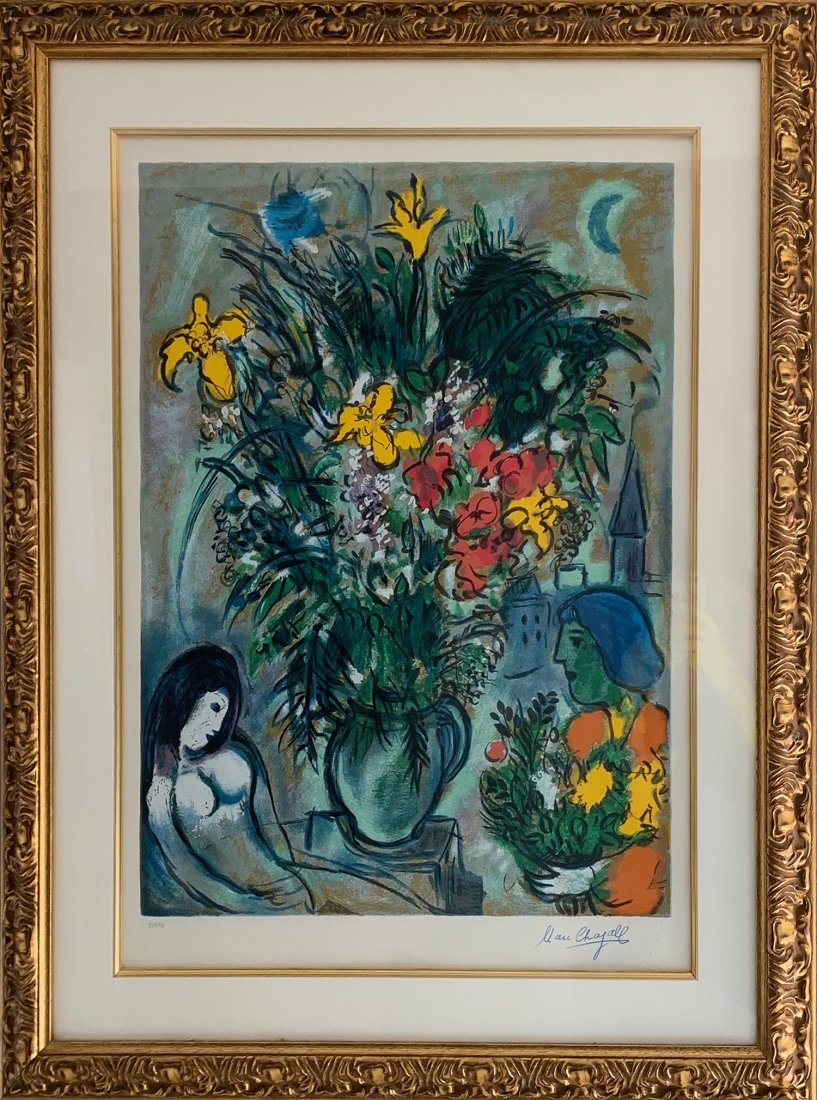 Marc Chagall (After) - Bouquet: ARTIST: Marc Chagall (After) TITLE: Bouquet MEDIUM: Lithograph EDITION SIZE: 950 FRAME SIZE: 39 x 32 in DESCRIPTION: Limited edition lithograph print after Marc Chagall. A lovely decorative print with