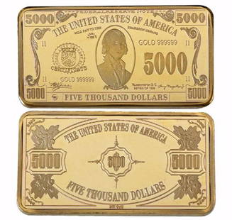 USA $5,000 24K Gold Clad Bullion Bar: Unites States of America 5,000 Dollars 24K Gold Clad Bullion Bar