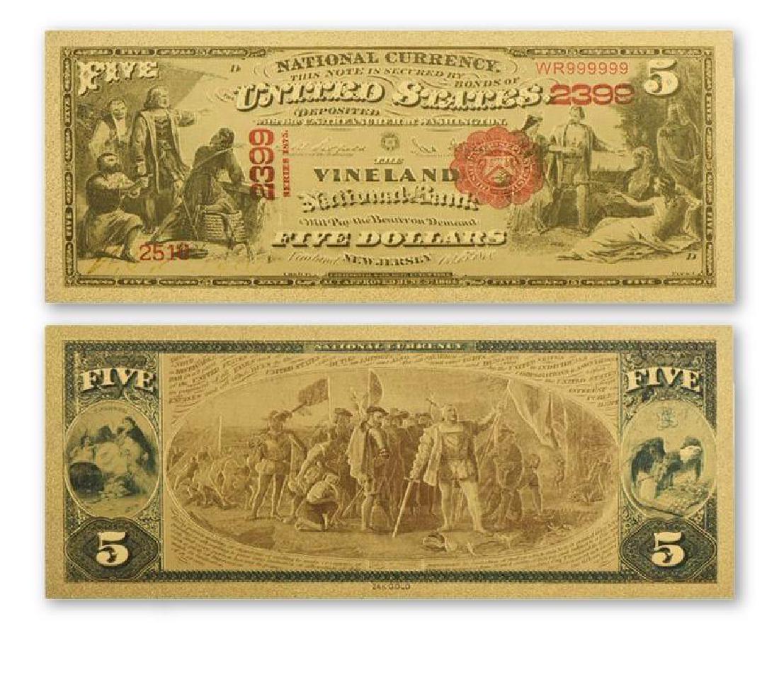 1800s USA $5 24K Gold Clad Banknote: 1800s Unites States of America 5 Dollars 24K Gold Clad Banknote
